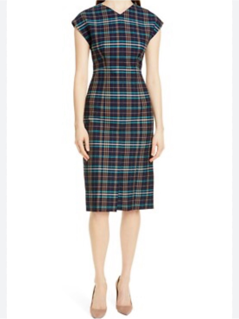 Hugo Boss Navy, Teal & Burgundy Plaid Cap-Sleeve Midi Dress